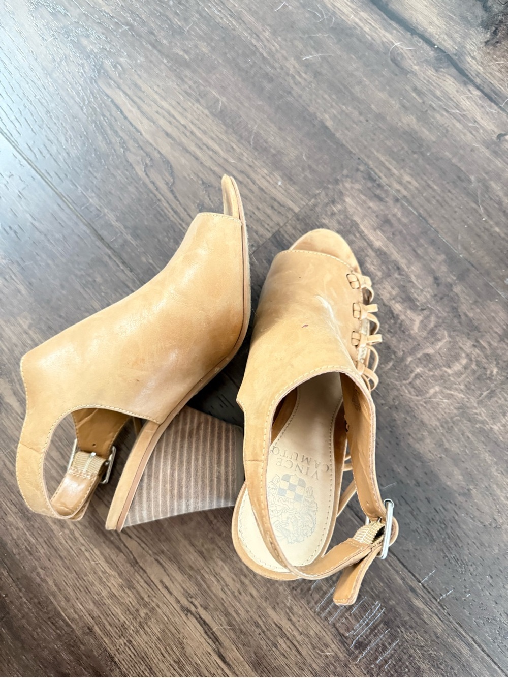 Vince Camuto Tan Peep-Toe Slingback Lace-Up Block Heels